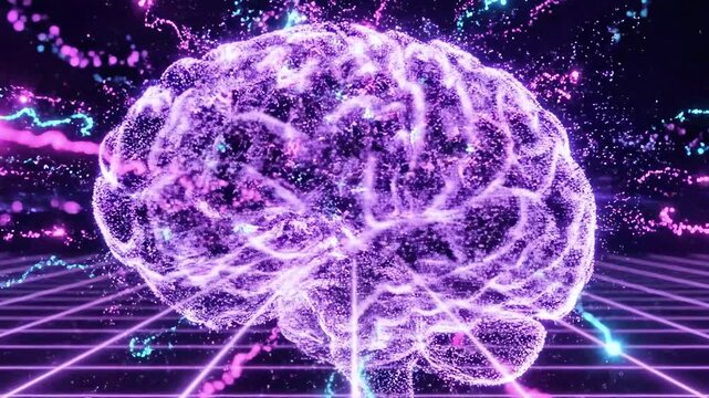 Artistic depiction of a glowing brain with vibrant light rays in a digital, futuristic display