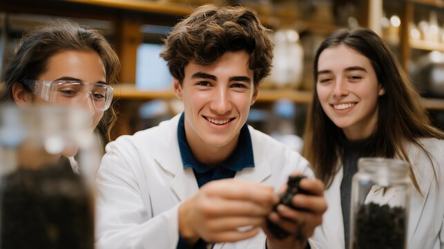 A university lab demonstrating student-built pellet prototypes from invasive plant species, showcasing how environmental cleanup can also generate fuel — eco-restoration energy solutions, student