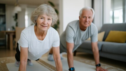 A senior couple starting their morning with gentle stretching in a sunlit living room, smartwatches tracking heart rate and breathing — active aging, daily mobility routines, and