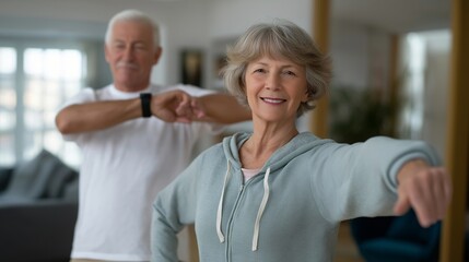 A senior couple starting their morning with gentle stretching in a sunlit living room, smartwatches tracking heart rate and breathing — active aging, daily mobility routines, and