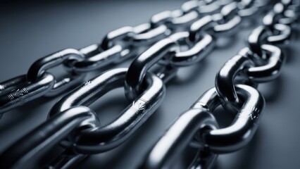 Interlocked polished metal chains, strong links extending into cool, blurred distance