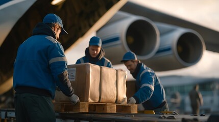 A team of ground crew loading luggage onto a conveyor belt beside a parked aircraft, working efficiently under the hum of jet engines — airport logistics, baggage handling workflow, and coordinated