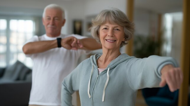 A senior couple starting their morning with gentle stretching in a sunlit living room, smartwatches tracking heart rate and breathing — active aging, daily mobility routines, and
