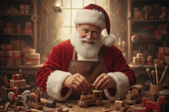 Santa Claus makes Christmas toys in his workshop. Merry Christmas. - Powered by Adobe