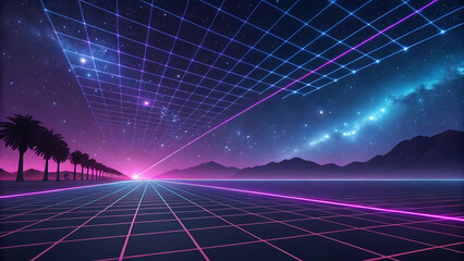 Retro futuristic grid landscape with neon lights and palm trees