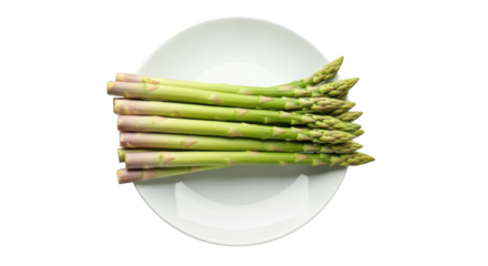 Creative composition of fresh green asparagus on plate focused on asparagus, green, vegetable for premium digital