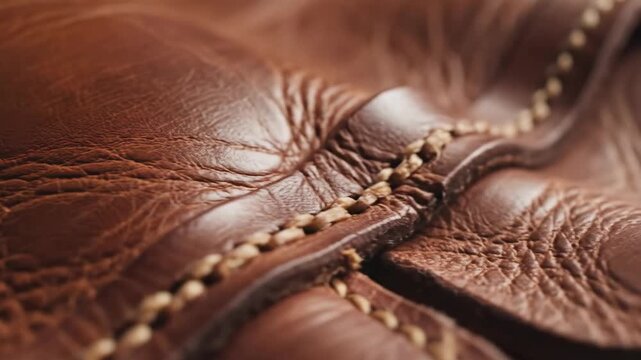 Close-Up of Textured Brown Leather - This video shows a detailed close-up of brown leather. The leather has unique patterns and stitching details, highlighting its texture.