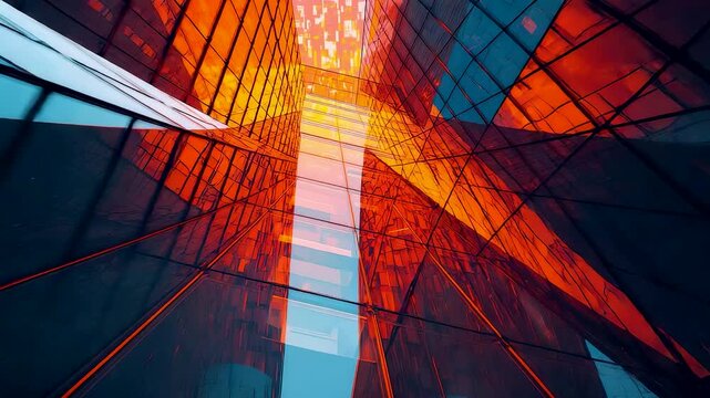 Vibrant architectural glass reflections with bold red and blue tones forming dynamic geometric shapes inside a modern highrise structural design