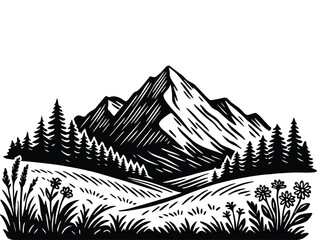 Fototapeta premium Hand-drawn large mountain landscape illustration