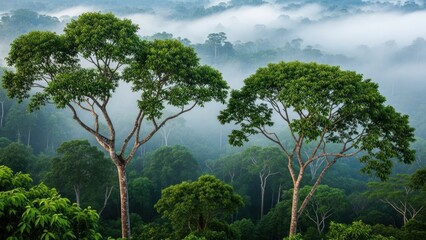 Fototapeta premium Lush, dense jungle canopy with two prominent trees amidst a misty, atmospheric background