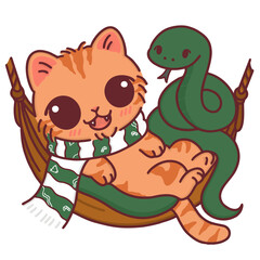 Cartoon cat wearing a Christmas scarf relaxing in a hammock with a snake