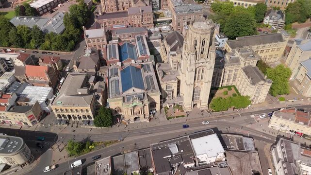 Bristol UK: 28th July 2025: Bristol Museum and Art Gallery building Queens Road in the city and Wills Memorial Building University of Law drone footage