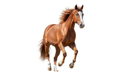 Obraz premium Majestic brown horse with flowing mane and tail, white face and socks, running gracefully
