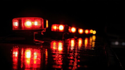 siren. Abstract patterns of emergency vehicle lights reflecting on wet pavement, creating a dramatic visual effect. mobility guides, transit brochures, designed for transport & logistics marketing.