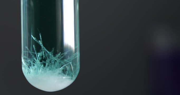 Time Lapse Close Up Oxalic Acid Solution Forming Oblong Crystals Falling Bottom, Chemical Laboratory Reaction Process, Scientific Crystallization Experiment, Education Science Study Concept