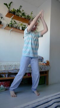 Vertical Video Teenage Girl Actively Dancing Following Online Instructor, Cardio Workout Choreography Development, Fighting Hypodynamia Physical Exercise, Happy Mood Healthy Lifestyle Concept