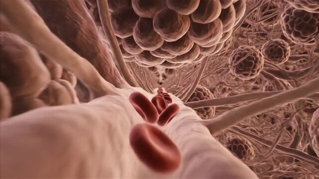 Pancreatic microvasculature, capillaries weaving tightly between islets, blood cells drift slowly through narrow passages, providing nutrients in a balanced rhythm