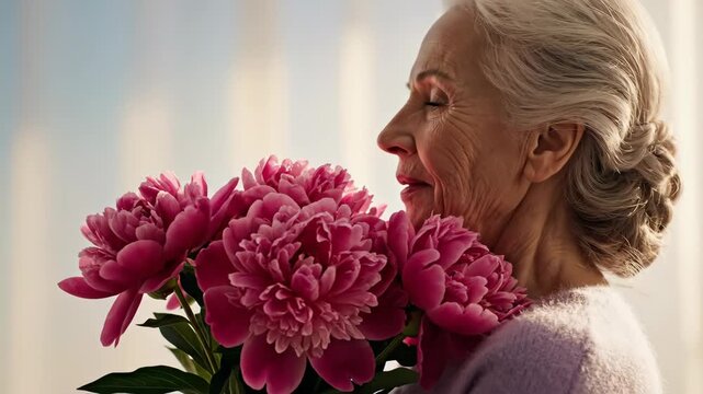 An elderly woman is surrounded by beautiful peonies, gently inhaling their sweet fragrance. The soft sunlight bathes her in warmth as she smiles, cherishing the moment and nature's beauty.