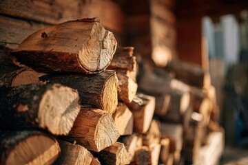 Outdoor woodpile with barked logs and rich grain: a cozy natural background scene
