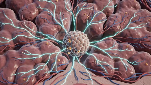 Pancreatic tissue showing lobules arranged in structured clusters. Capillary networks glow faintly, enzyme vesicles shimmer within acinar cells