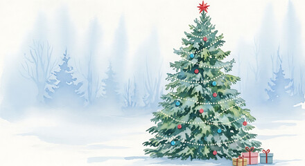 Fototapeta premium Festive Christmas Tree Scene with Gifts and Snowy Forest Backdrop