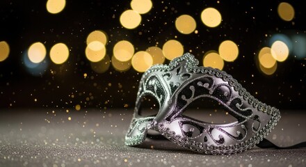 Metallic silver Venetian mask, glittery surface, warm golden bokeh background
