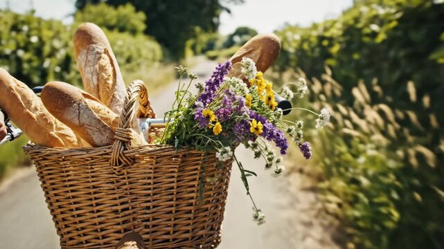 Walking along a charming country lane, a woven basket overflows with fresh bread and vibrant wildflowers. The sun shines brightly, enhancing the beauty of the natural surroundings.