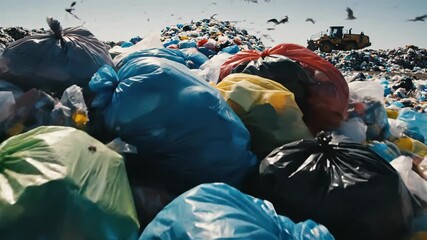 Colorful Garbage Bags Piled at Landfill - A close-up view shows a chaotic pile of colorful plastic garbage bags at a landfill, with a bulldozer visible in the background. - Powered by Adobe
