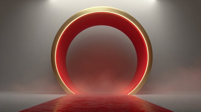 Abstract red and gold portal with a glowing light and a red carpet