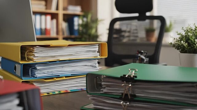 Office Organization with Colorful Document Stacks - A stack of colorful file binders filled with documents sits on a desk, showcasing office organization.