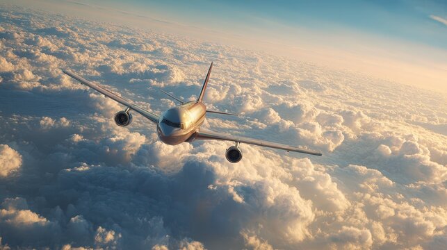 Passenger airliner gliding above a sea of clouds under a clear blue sky