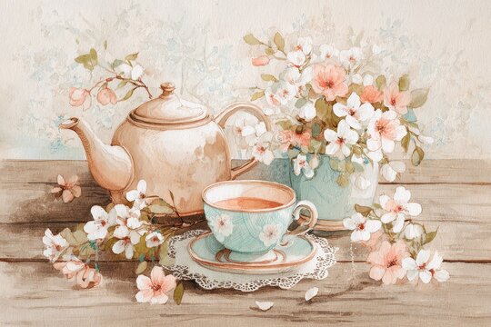 Pastel floral tea set illustration with soft antique ambiance