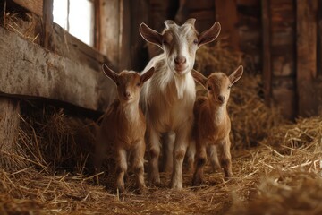 Pastoral barn portrait: mother goat nursing her brown kids in soft light