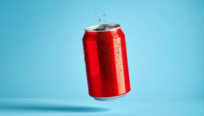 A red aluminum soda can with water droplets floating mid-air against a bright blue background above a reflective surface.