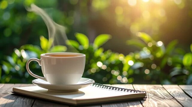 Steaming cup on notebook in sunlight with blurred green foliage background