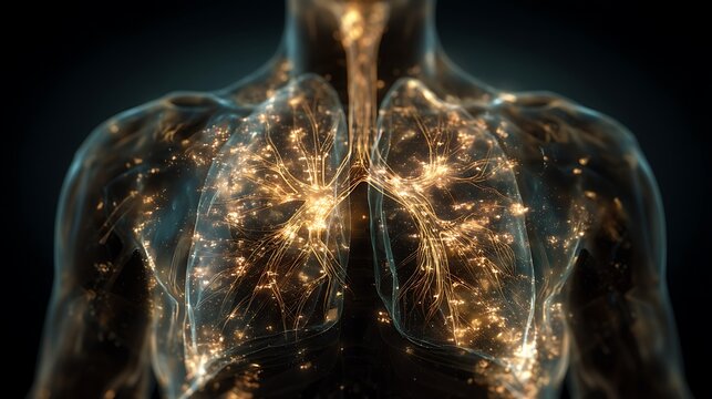 transparent human torso showing lungs and brain connected by glowing light threads, ethereal natural tones, anatomical illustration with cinematic depth, v7 