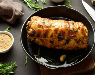 Roasted pork loin with rosemary and garlic in cast iron pan
