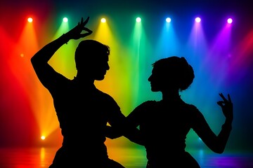 A silhouette of a couple performing a classical dance 