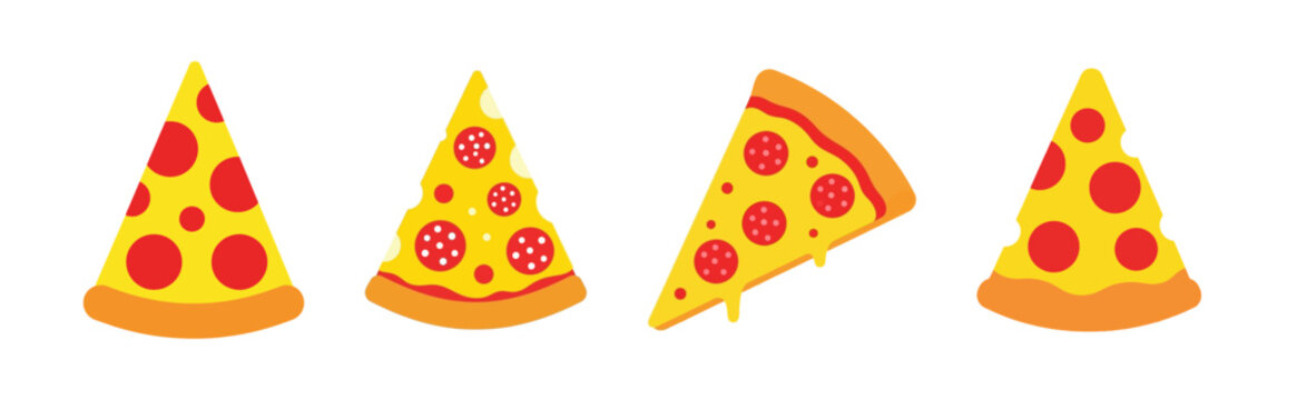 Four cartoon-style slices of pepperoni pizza with melted cheese, featuring various shapes and a classic red and yellow color scheme on a white background.