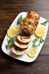 Stuffed pork tenderloin loaded with fried mushrooms, onion, red bell pepper, spinach