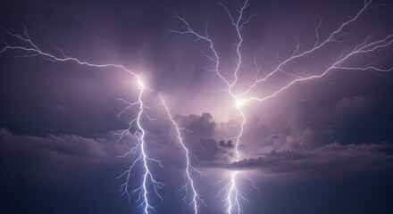 Multiple powerful lightning bolts illuminate a dark, dramatic, cloudy stormy sky