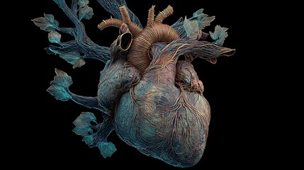 anatomical human heart intertwined with glowing neural fibers, soft earth tones with blue-green highlights, symbolizing mind-body harmony, hyper-realistic fine art, v7 