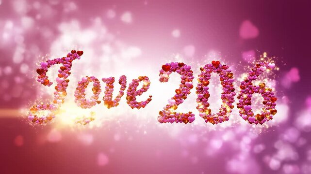 Romantic Love 206 Hearts Flying and Forming Text on Pink Background.