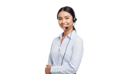 High quality illustration of friendly asian call center operator with headset smiling representing woman, female, asian