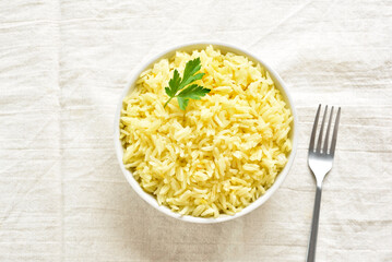 Boiled saffron rice in bowl
