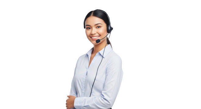 High quality illustration of friendly asian call center operator with headset smiling representing woman, female, asian