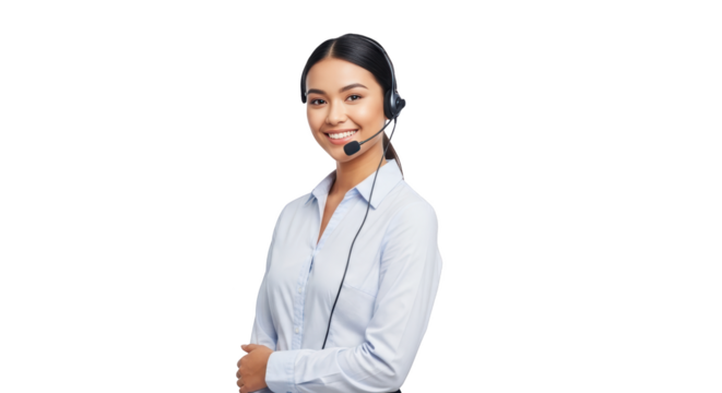 High quality illustration of friendly asian call center operator with headset smiling representing woman, female, asian - Powered by Adobe