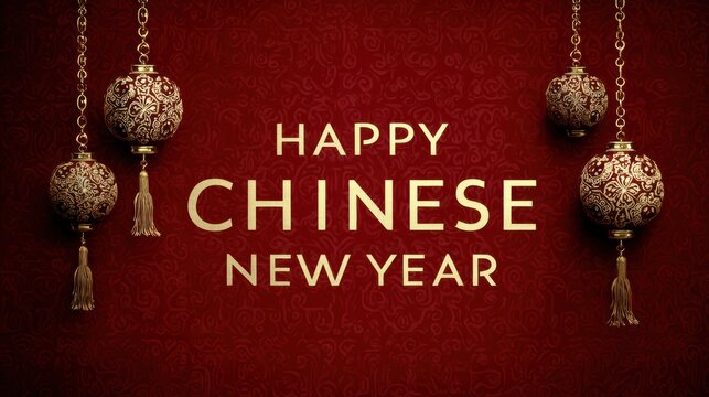 Happy Chinese New Year greeting with traditional lanterns and red background