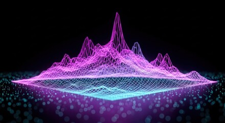 Neon pink and blue wireframe 3D grid with peaks, digital landscape on dark background