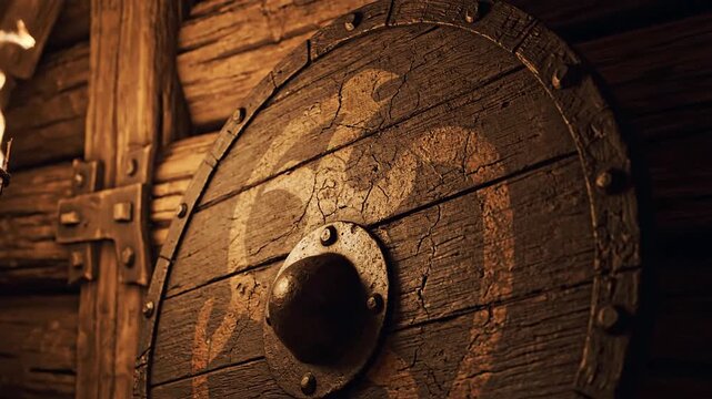 Ancient Viking Wooden Shield with Metal Boss and Ornate Carvings in a Dimly Lit Hall.